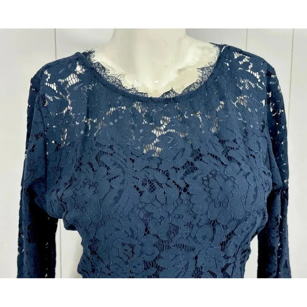 MEROKEETY 3/4 Sleeve Lace Floral Cocktail Dress navy blue sz L (12) - Picture 2 of 8